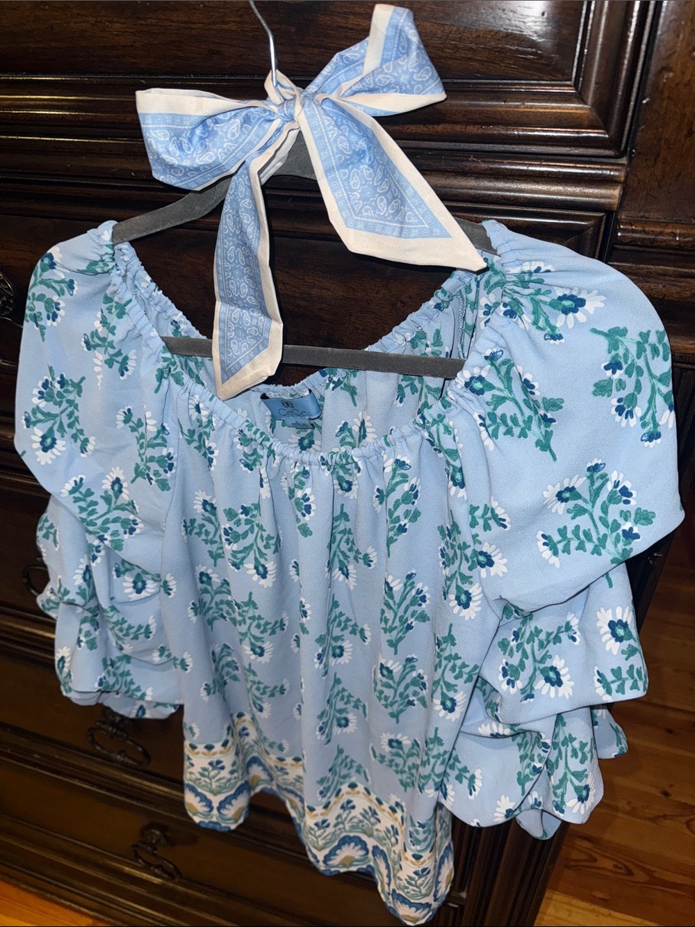 CeCe Sky Blue Floral Off-Shoulder Ruffle Blouse